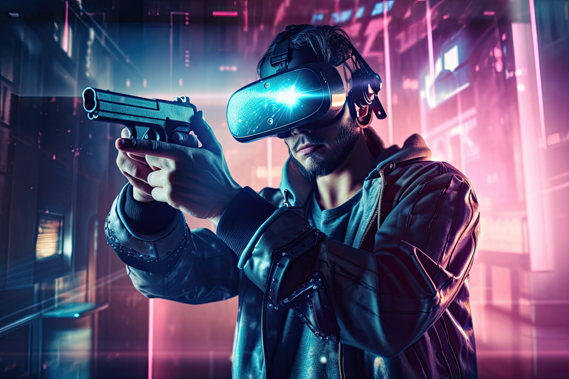 man inside virtual metaverse space, virtual gaming and augmented reality concept, illustration, created using of AI tool